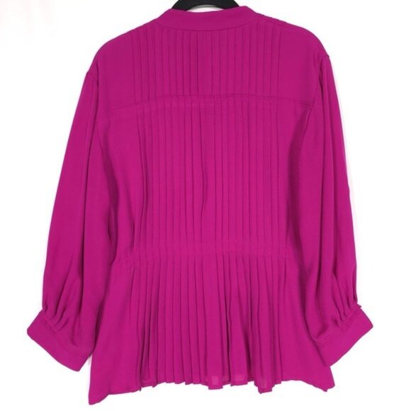 Theory Women's Top 100% SILK Pleated MEDIUM Shirt Hidden Button LS Pink Fuchsia - Picture 2 of 10